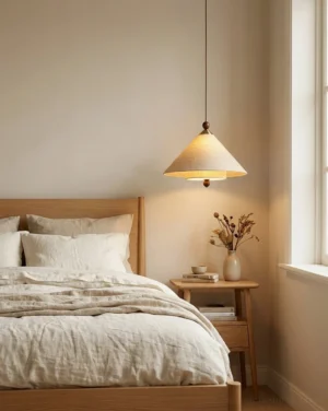 Tiered cone pendant light with warm washi shade hanging above wooden bed in minimalist bedroom with neutral bedding