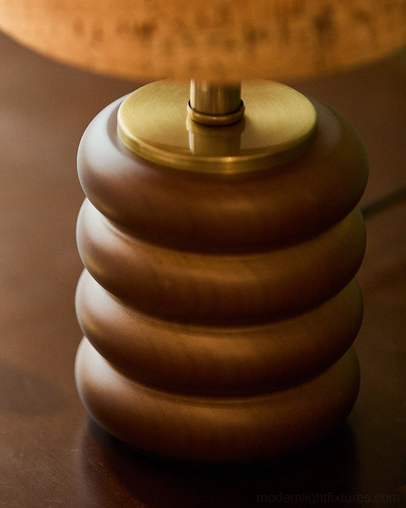 Japandi table lamp with natural cork shade and stacked walnut wood base, full product view