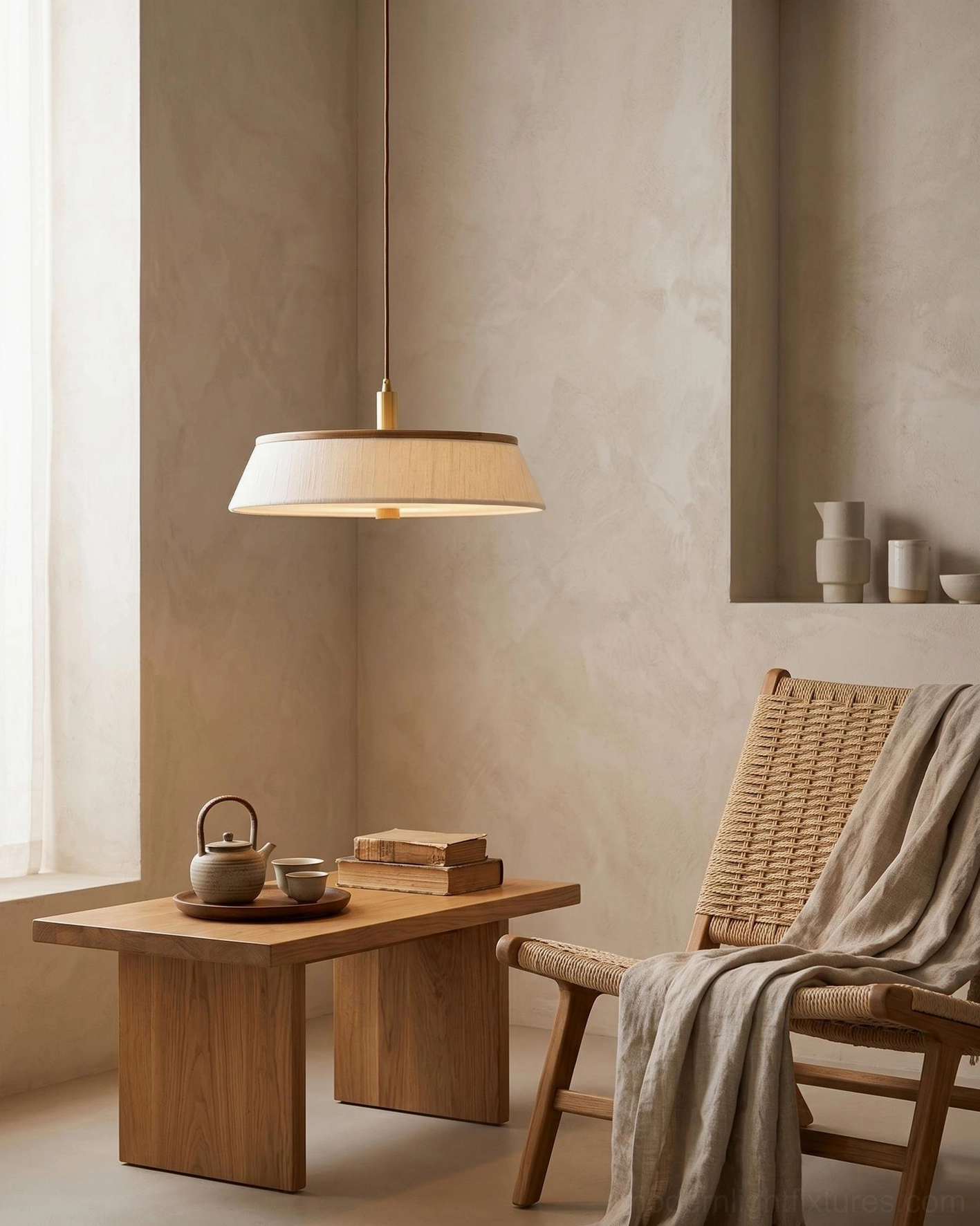 Japandi fabric drum pendant light in relaxed lounge corner with woven chair and wooden coffee table, minimalist aesthetic