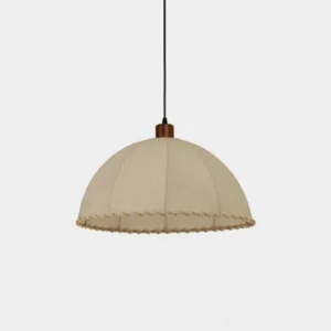 Linvoya Japandi fabric pendant light with rattan whipstitch edge and solid wood cap, frontal product shot on white background, beige linen dome