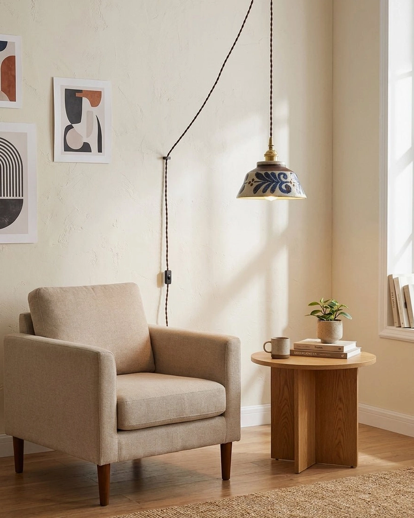 Blue indigo hand-painted stoneware ceramic plug-in pendant light in Japandi style lounge space with warm home furnishings