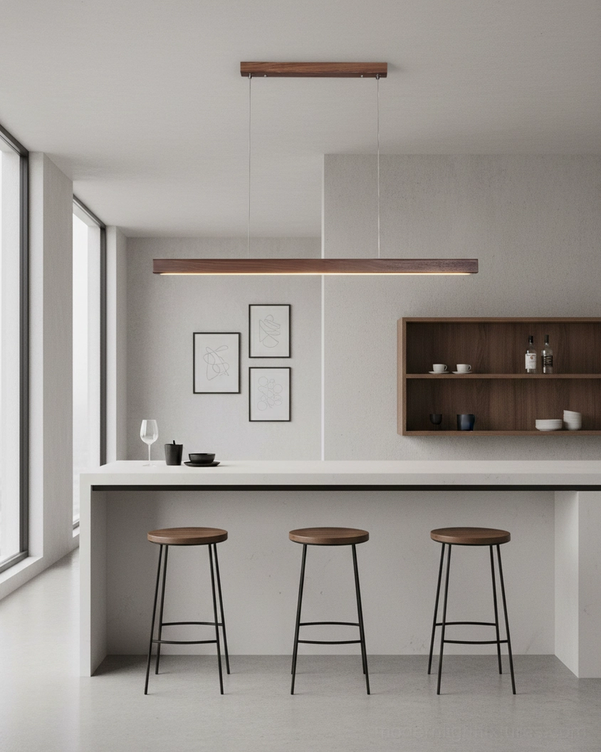 Japandi style linear pendant chandelier above bright home bar counter with wooden wall shelving and bar stools