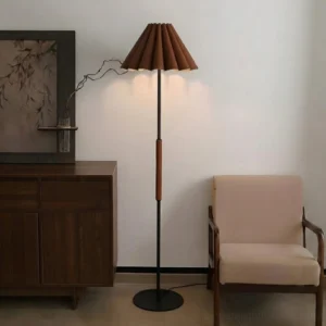 Modern Japandi Floor Lamp with Hand-Stitched Leather Pleats and Wrapped Metal Stem - Three-Quarter View