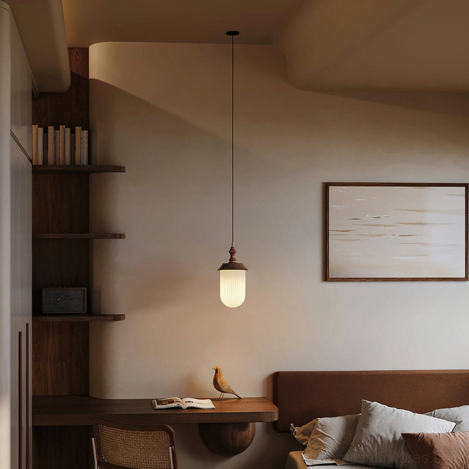 Japandi pendant light in warm bedroom study nook with ambient lighting and cohesive warm interior design