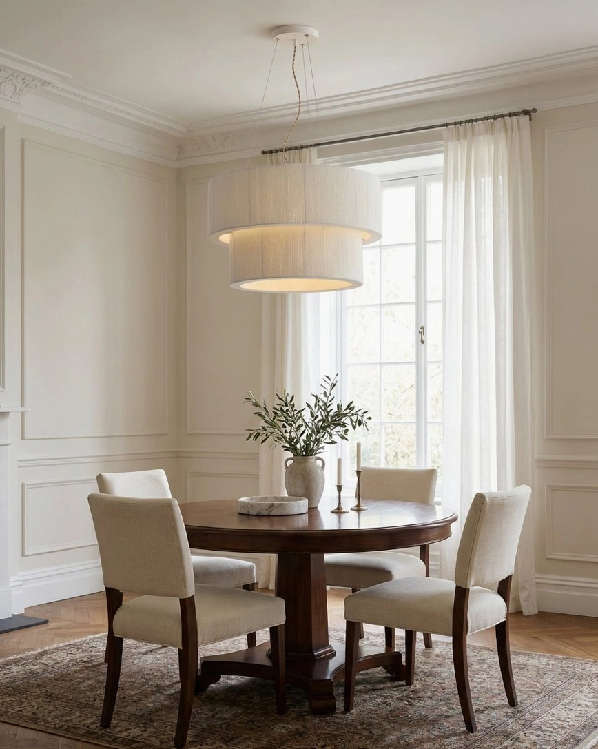 Two-tier fabric drum pendant light illuminating formal family dining room with dark wood round table and beige upholstered chairs, warm 3000K glow