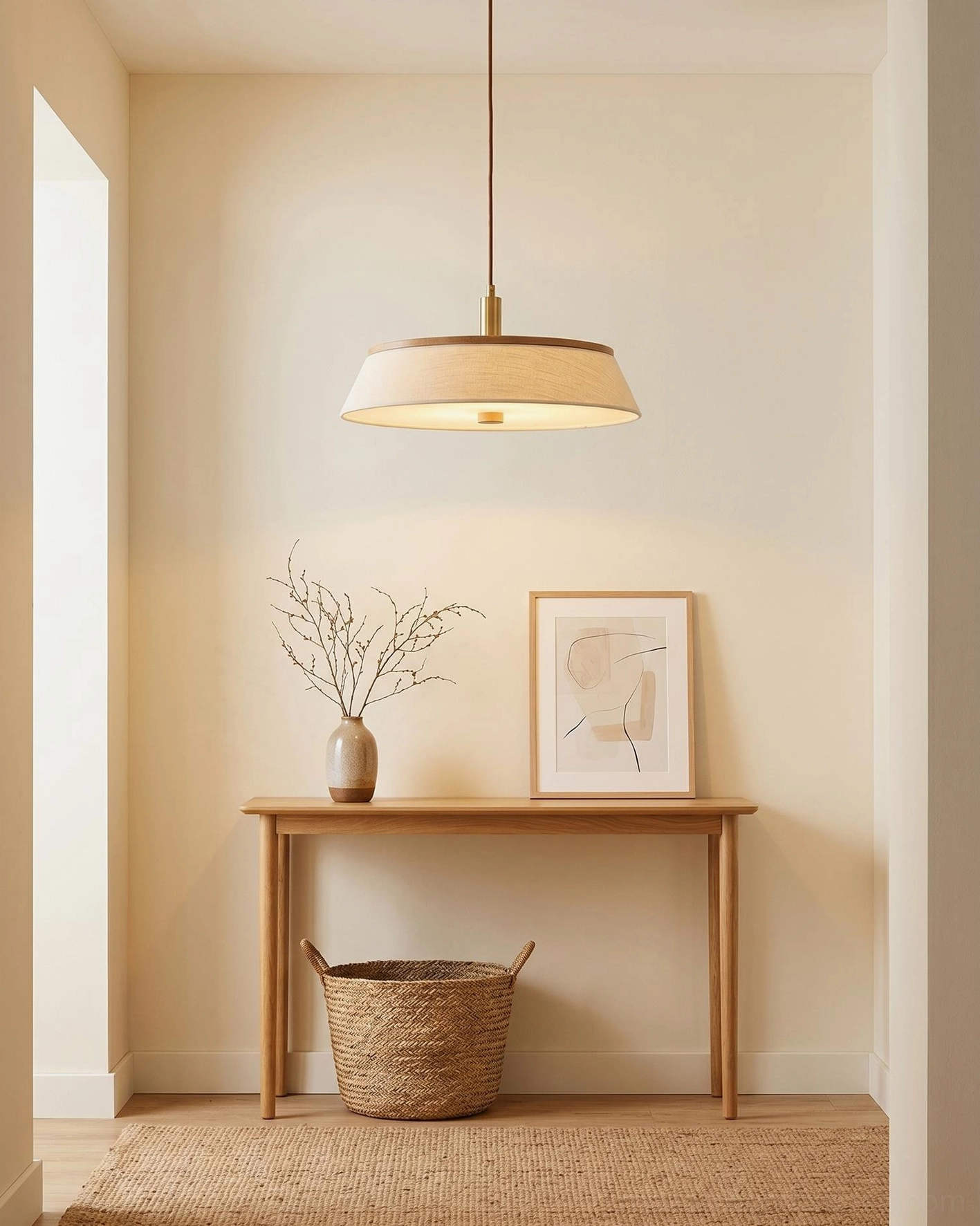 Low-profile rice paper pendant light in entryway console area with dried florals and woven rug, minimalist home decor
