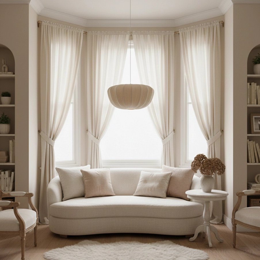 Japandi minimalist pendant light in bay window living room with sofa set and neutral warm interior design