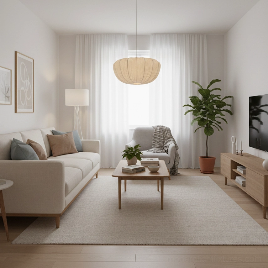 Japandi pleated pendant lamp installed in modern neutral living room with minimalist decor and warm ambient lighting