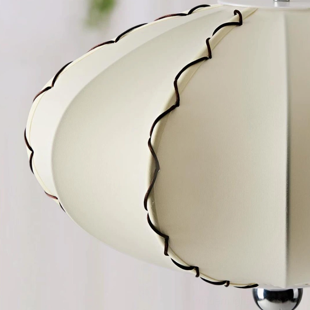 Japandi pleated fabric pendant light with chrome canopy mounted to ceiling, showing full fixture proportions and drop length