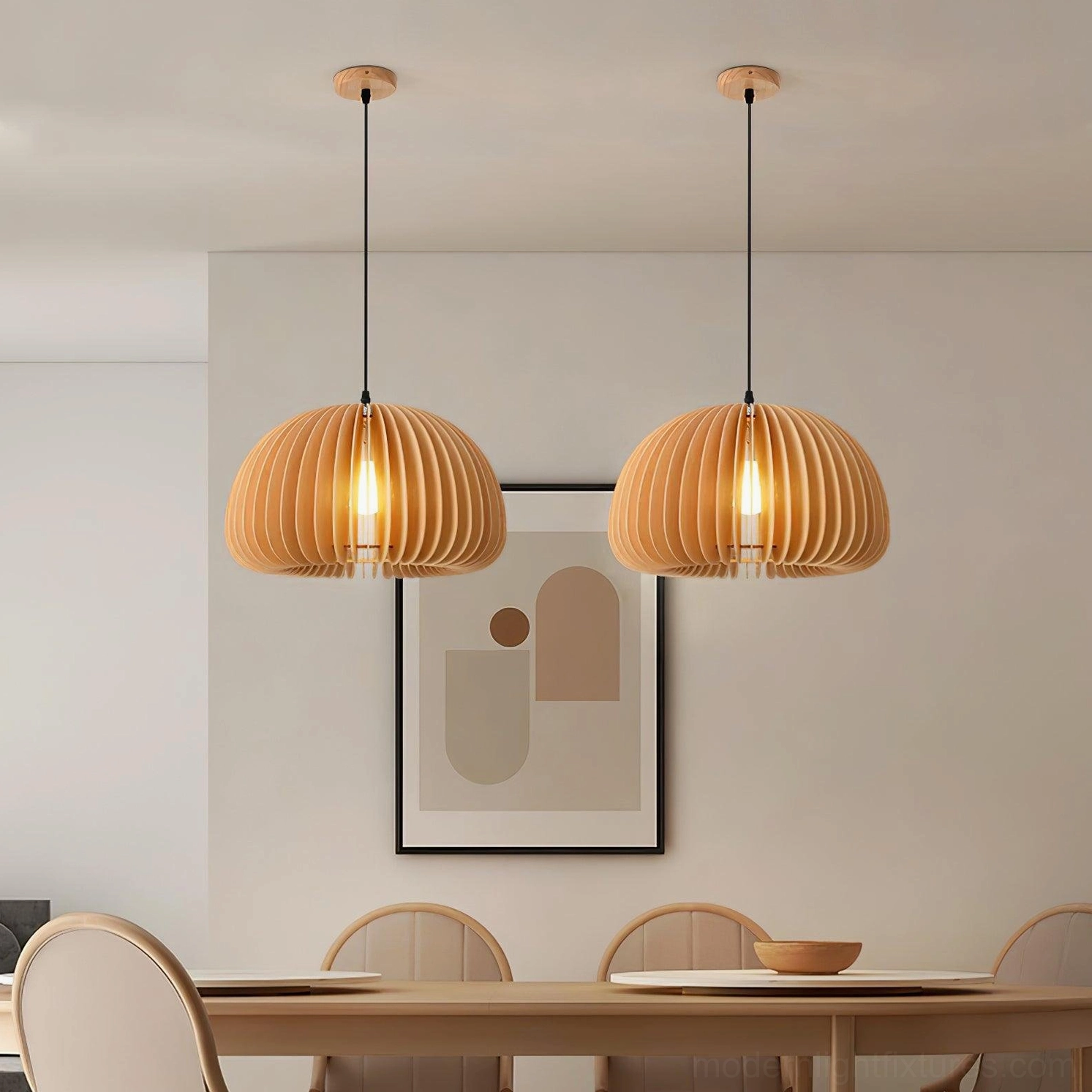 Wood pumpkin pendant light for contemporary Japandi interior design style