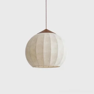 Japandi ribbed fabric pendant light with walnut wood cap, front studio view showing vertical paneled texture and warm off-white shade