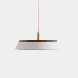 Japandi rice paper pendant light with solid wood rim, white washi-style drum shade with internal diffuser, studio front view