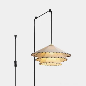 Japandi ruffled fabric plug-in pendant light with double-layer beige shade and black trim, side profile view