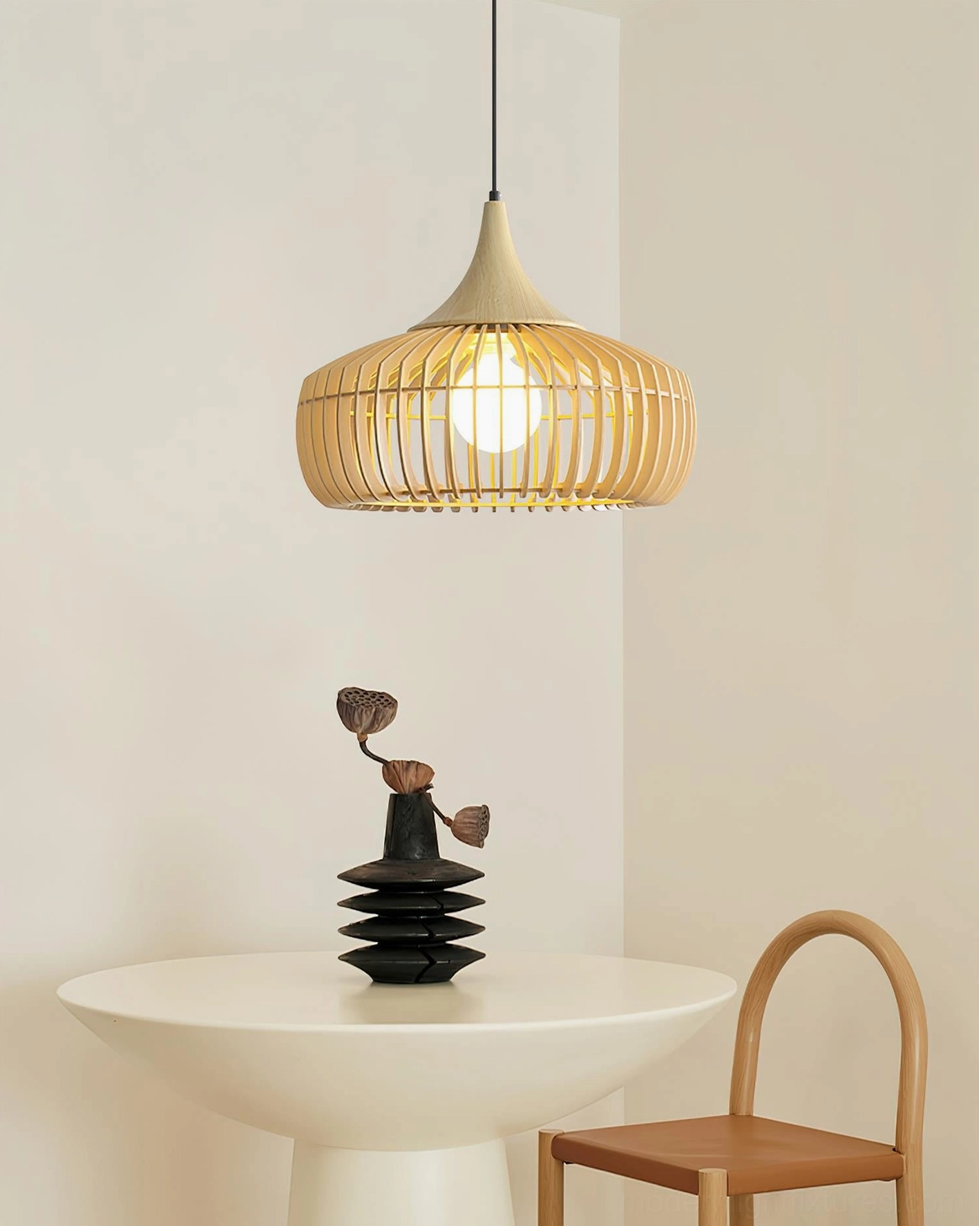 Japandi style wood cage pendant lamp in residential space, natural material modern design