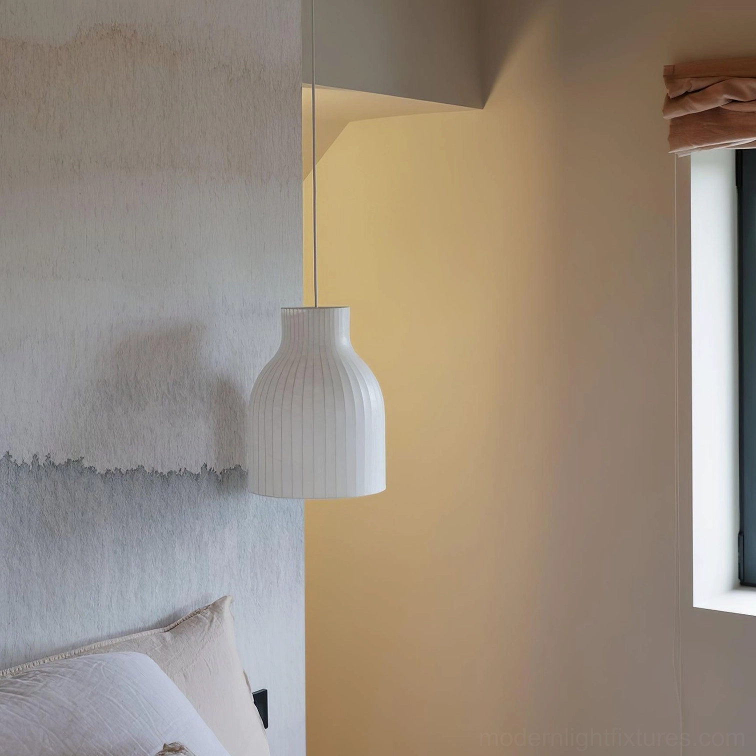 White fabric pendant light showing sophisticated design in Japandi and zen interior style