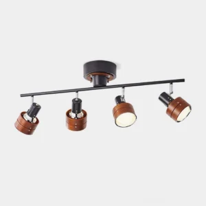 Japanese-inspired 4-head track lighting with black metal frame and walnut wood lamp housings on white background
