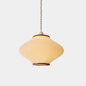 Modern Japanese-inspired ribbed acrylic pendant light with walnut wood trim, biconical shape, front view studio photography