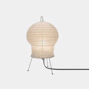 Japanese washi paper table lamp front view with crinkled off-white shade and black metal frame on white background