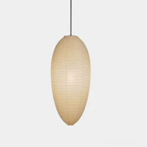 Japanese washi paper pendant light with beige ribbed shade and black cord against white backdrop, front view showing minimalist design