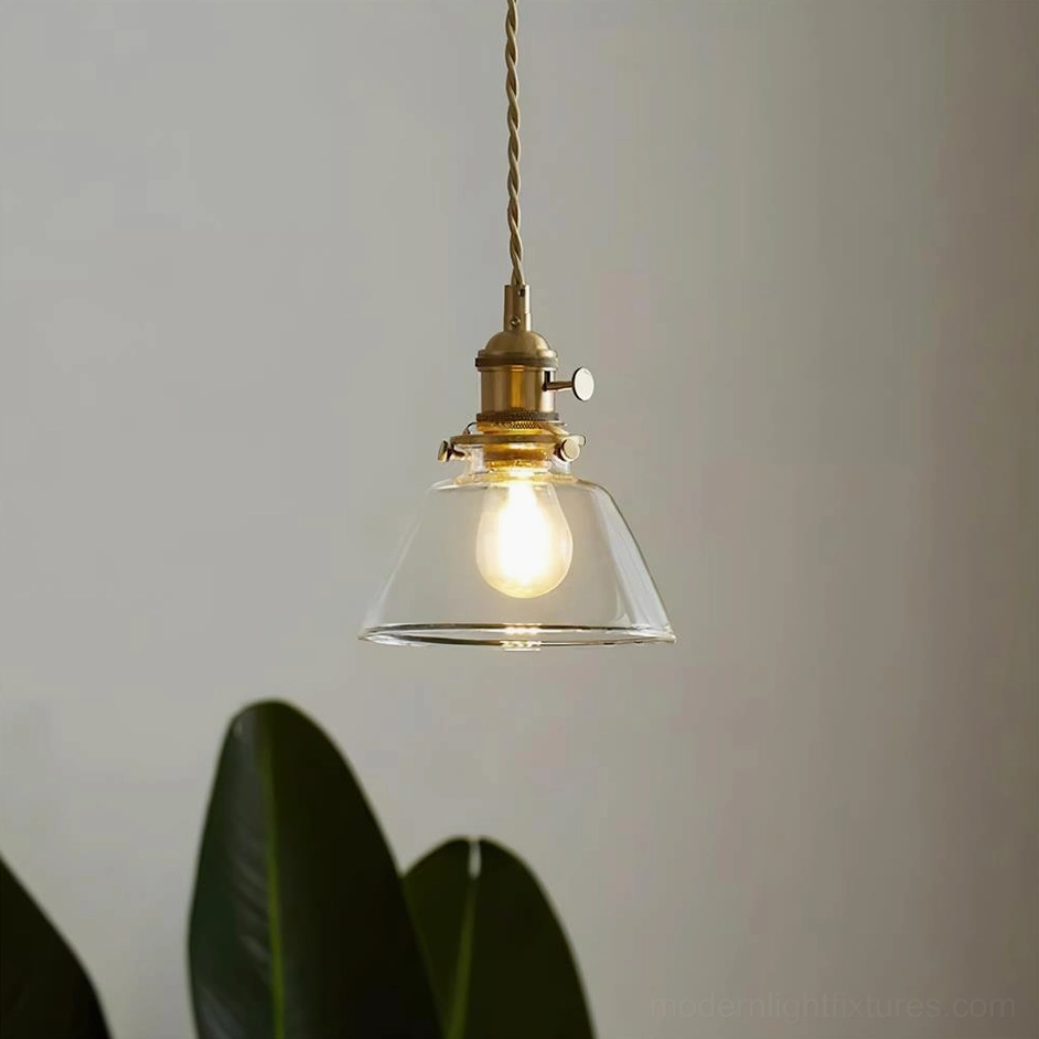 Jasmine clear cone glass pendant light with brass fixture, warm glowing bulb with green plant foreground