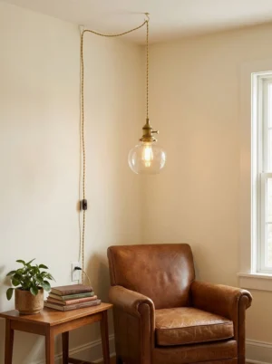 Jasmine globe-shaped clear glass pendant light installed in warm vintage living room with brown leather armchair