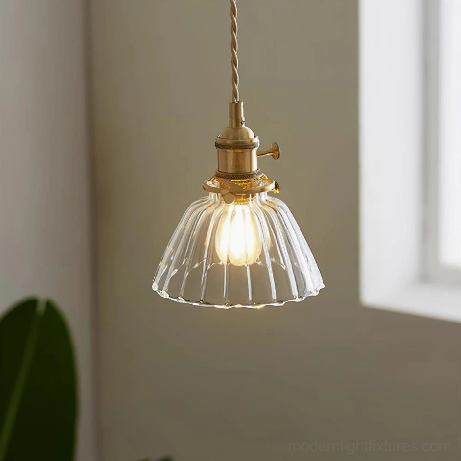 Jasmine Model C fluted glass pendant shade with vertical ribbed texture and brass fitting detail