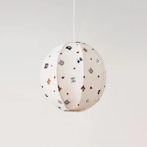 Large Jayne pendant light 42cm diameter with cute animal cartoon illustrations on linen-textured fabric, three-quarter angle