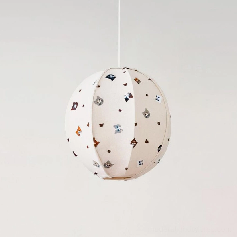 Large Jayne pendant light 42cm diameter with cute animal cartoon illustrations on linen-textured fabric, three-quarter angle