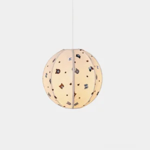 Jayne cat-patterned fabric pendant light with colorful animal prints on off-white segmented spherical shade, front view on white background