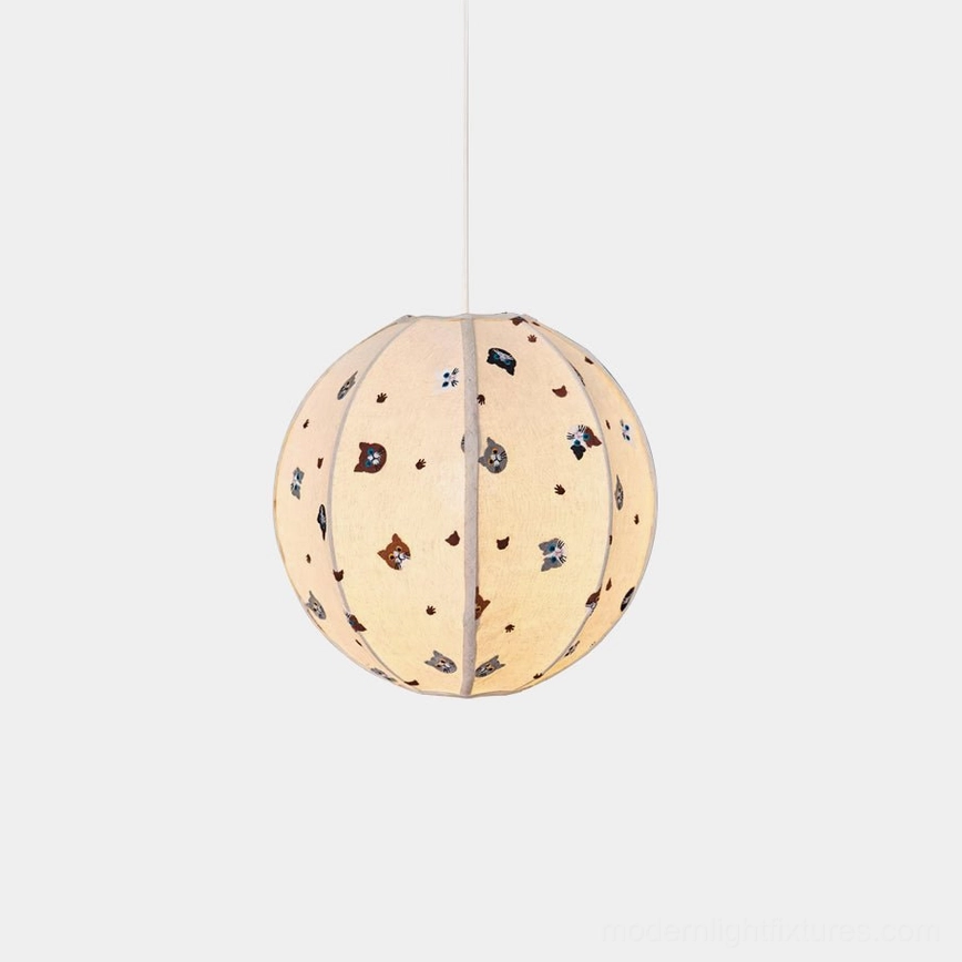 Jayne cat-patterned fabric pendant light with colorful animal prints on off-white segmented spherical shade, front view on white background