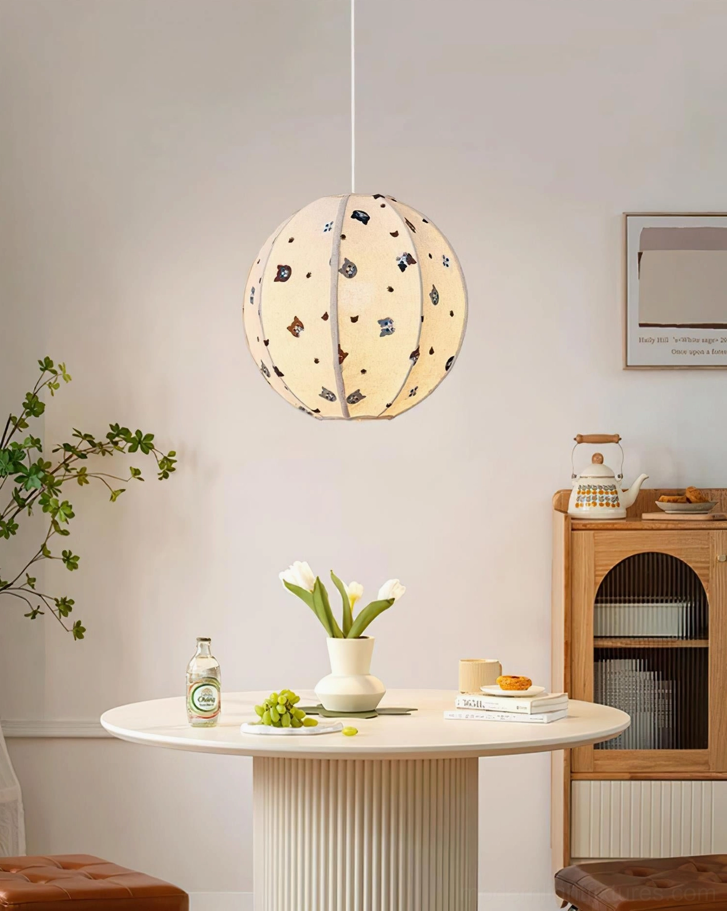 Jayne cute animal pendant light fixture, detailed view of segmented spherical shade construction
