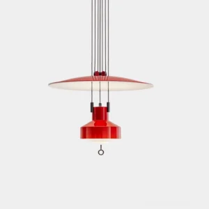 Modern adjustable disc pendant light with pulley system, front view showing red carbon steel shade