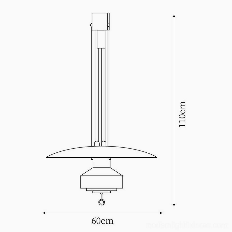 Technical schematic drawing of adjustable disc pendant light showing dimensions 63cm diameter 110cm height