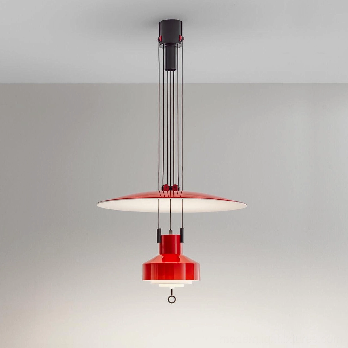 Jeka pendant light pulley system adjustment feature for height and intensity control