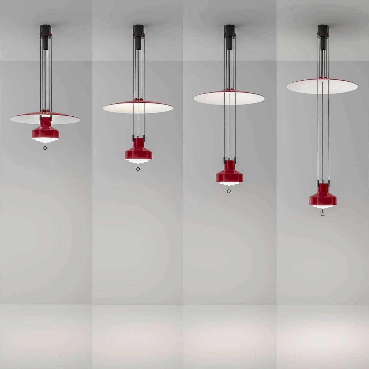 Jeka adjustable disc pendant light closeup detail of pulley adjustment system