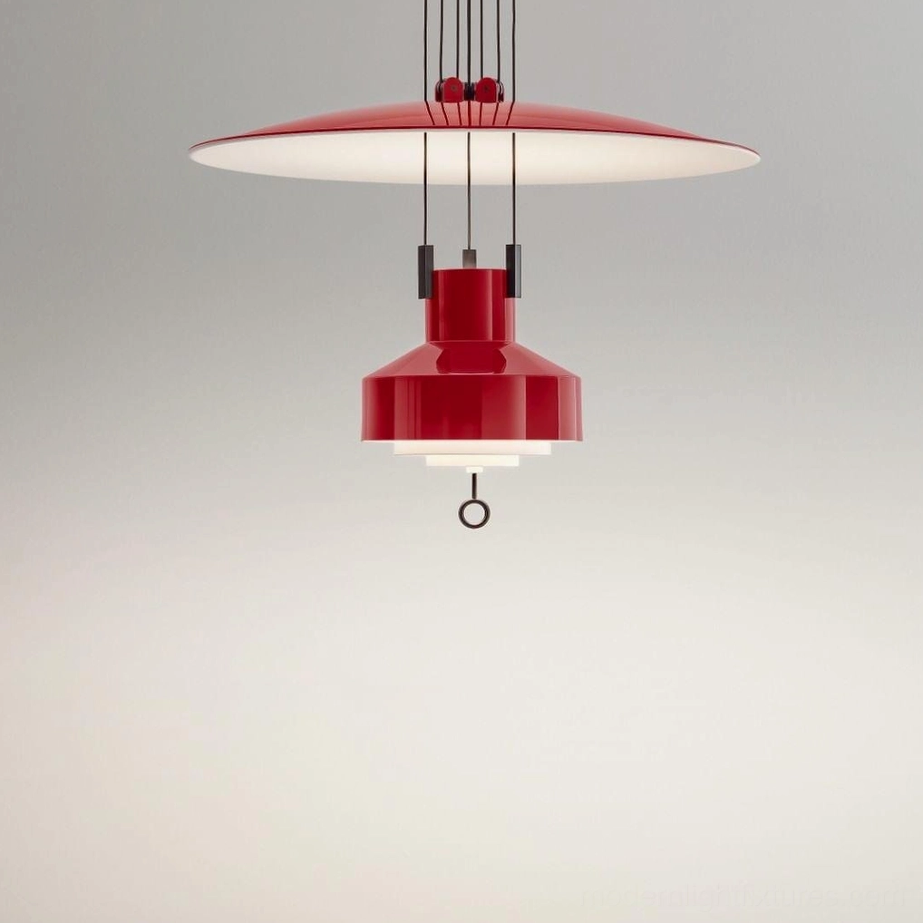 Red glossy disc pendant lamp with pulley mechanism and white interior shade