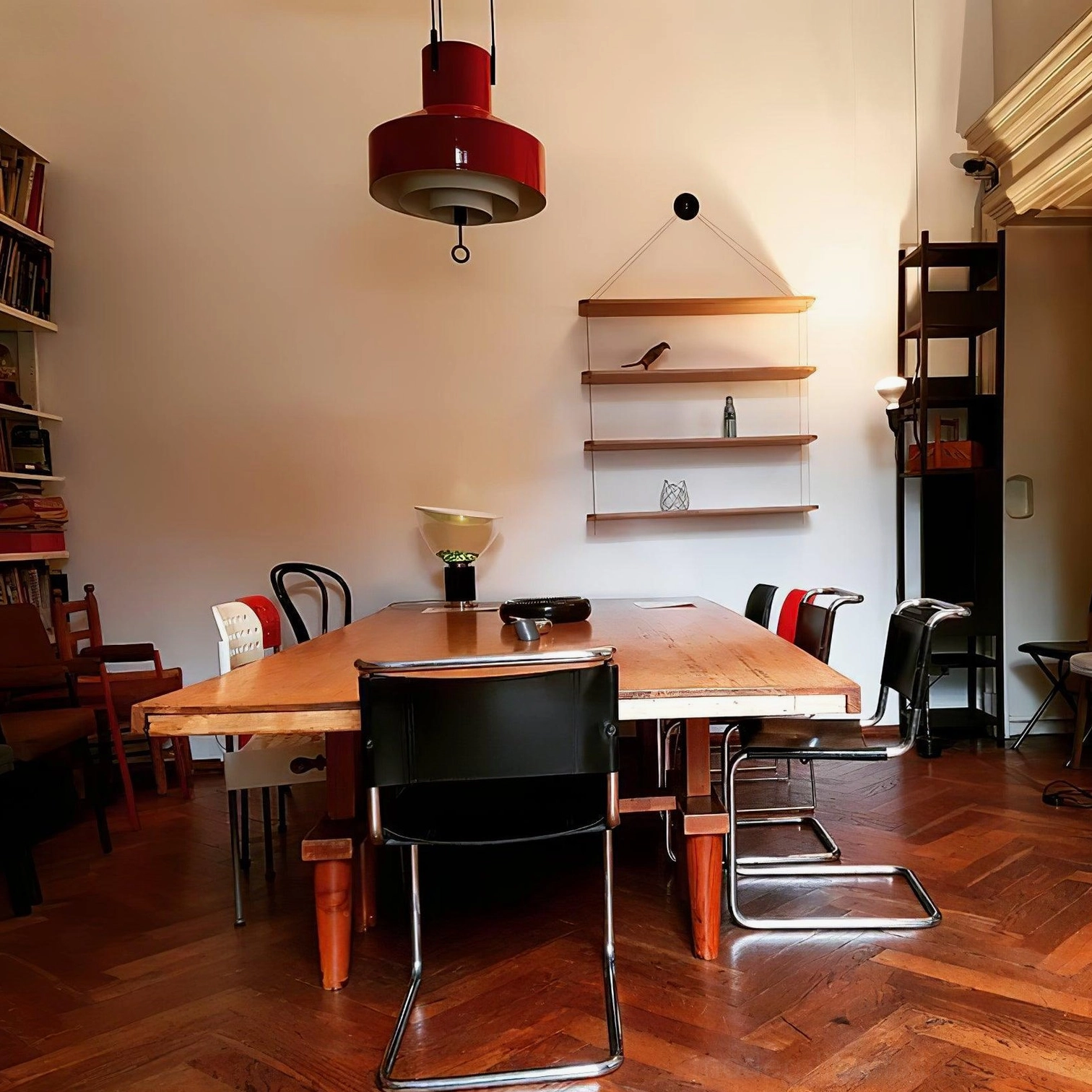 Industrial style red jeka pendant lamp installed above wooden dining table