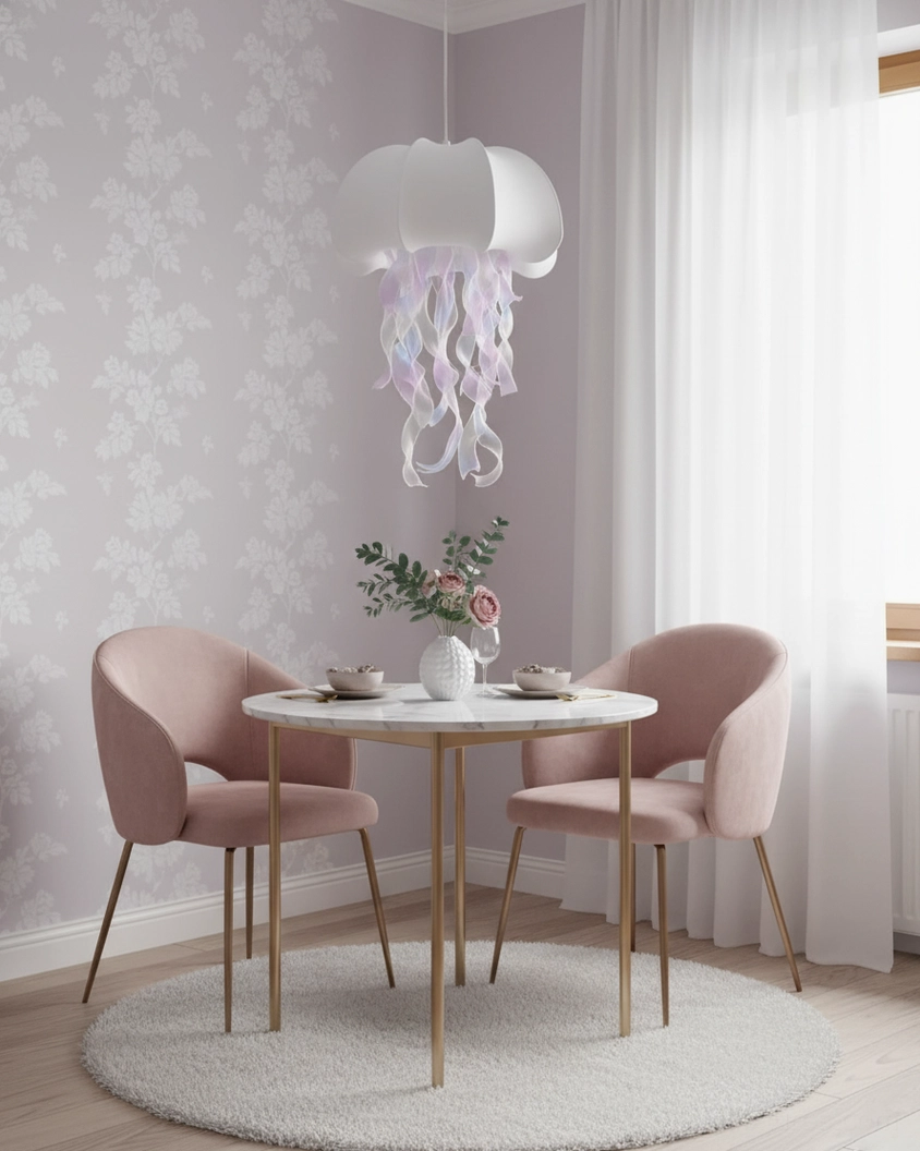 Jellyfish pendant light full product view with creamy dome and gradient iridescent tassels