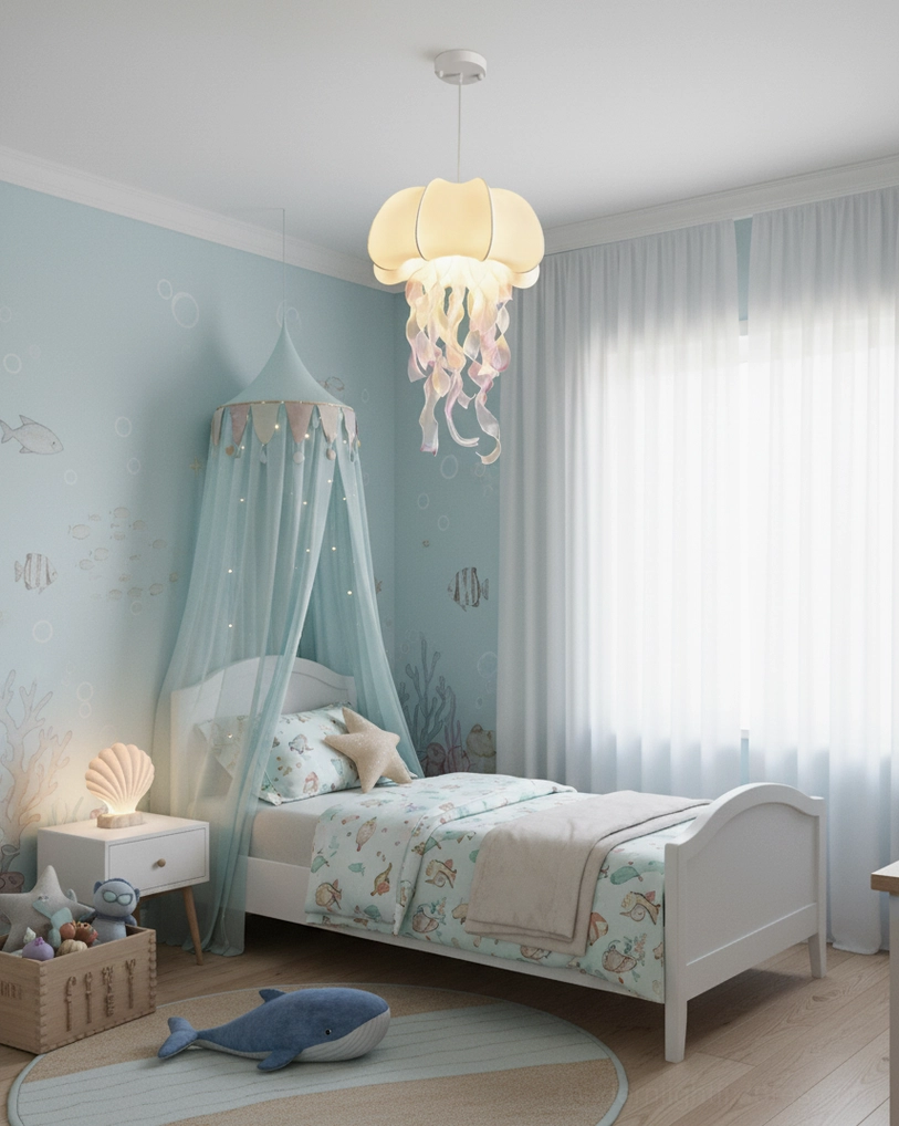 Jellyfish fabric pendant light showing satin shade texture and flowing tentacle tassel design