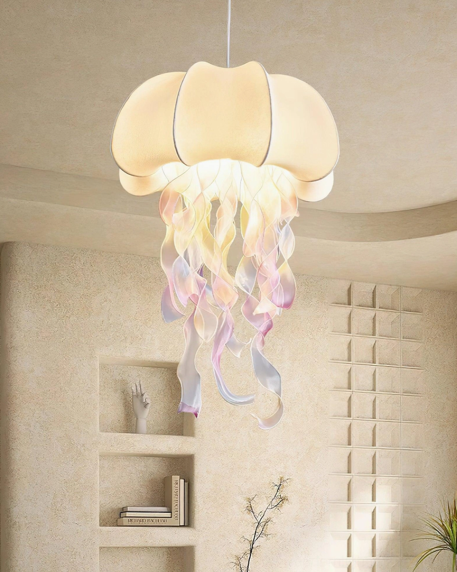 Jellyfish pendant light detail showing fabric stitching and structural construction quality