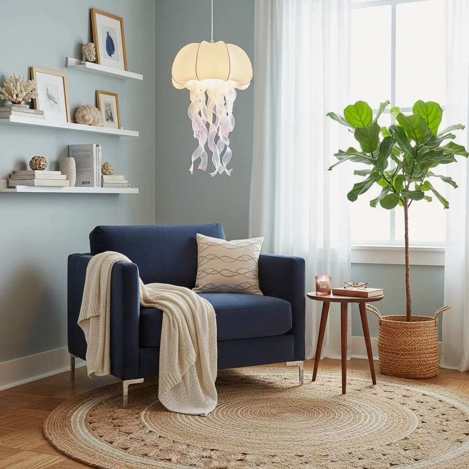 Jellyfish pendant light styled in modern living room with coastal decor and blue sofa accent