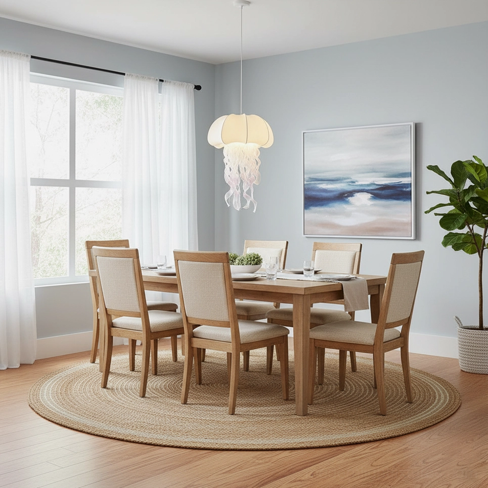 Jellyfish fabric pendant light with gradient tassels creating ambient warm illumination detail