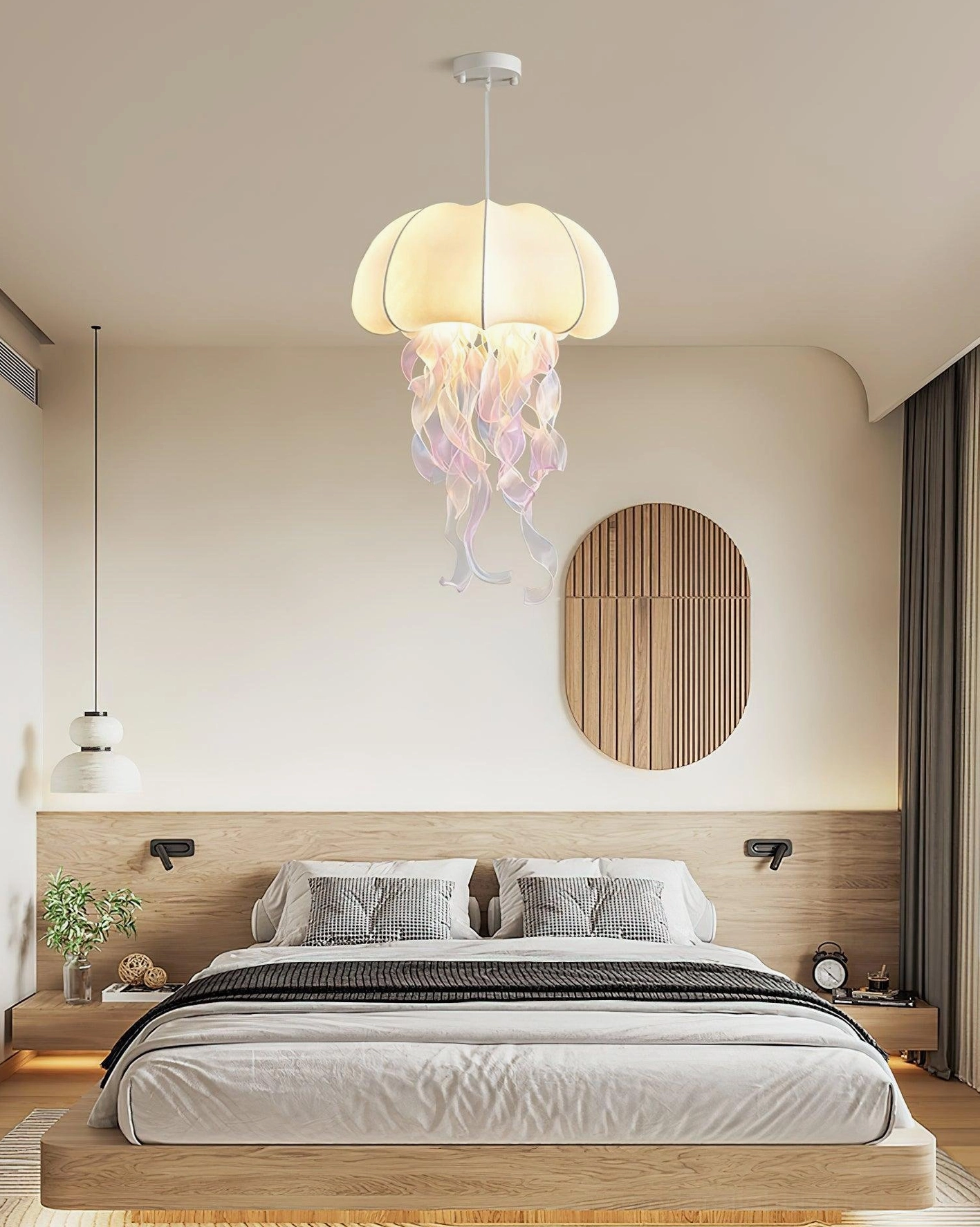 Jellyfish fabric pendant light showing detailed tassel construction and gradient coloring