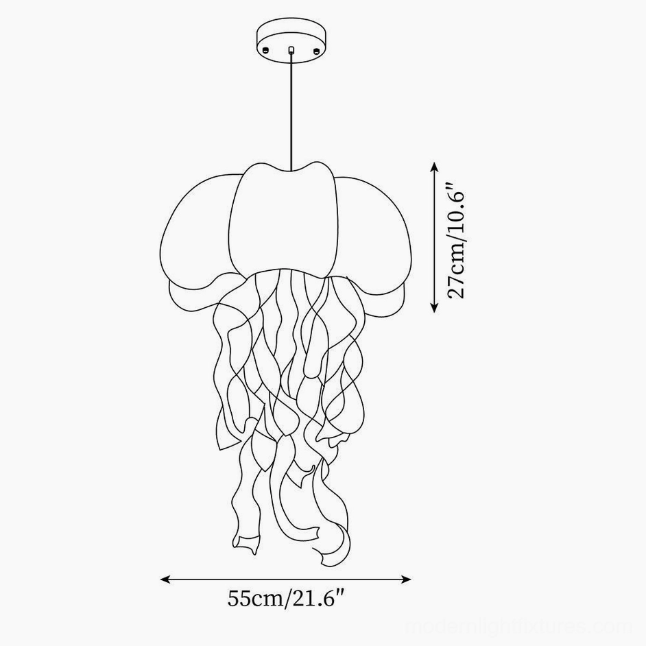 Technical schematic drawing and dimensions of jellyfish fabric pendant light specifications