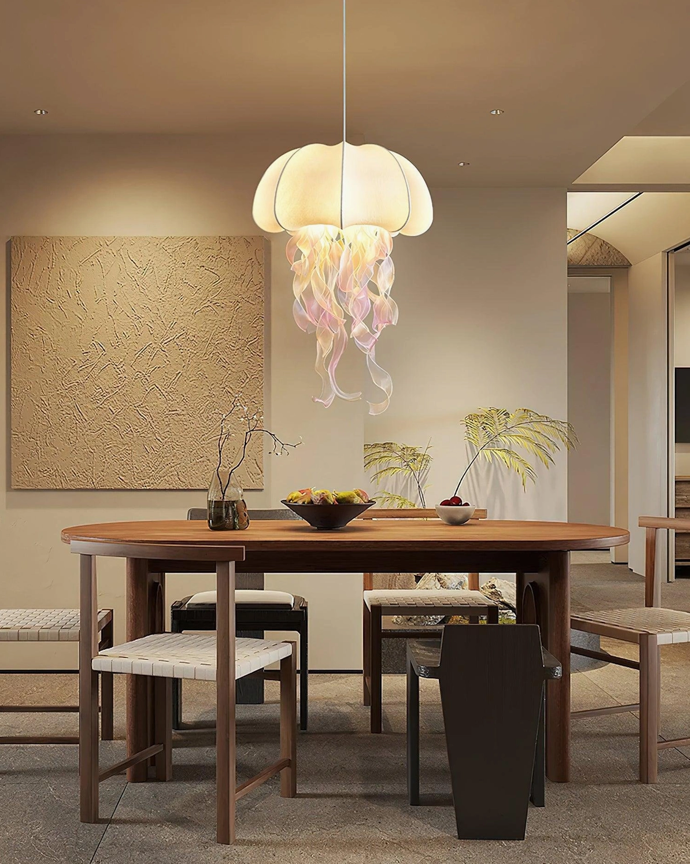 Jellyfish pendant light installation in bedroom showing soft ambient lighting and oceanic atmosphere
