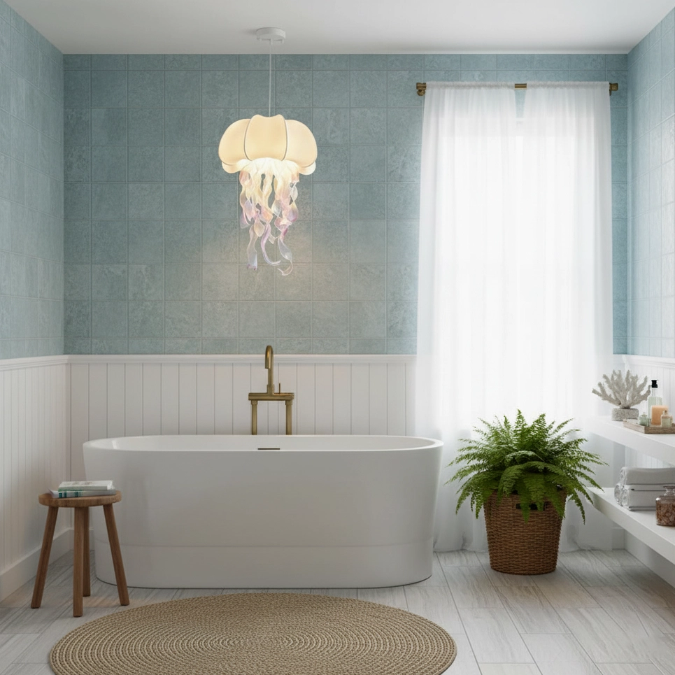 Jellyfish pendant light installation showing canopy and adjustable wire hanging system