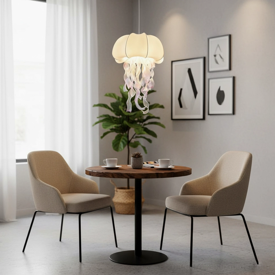 Jellyfish fabric pendant light in small dining corner with neutral furniture and green potted plant