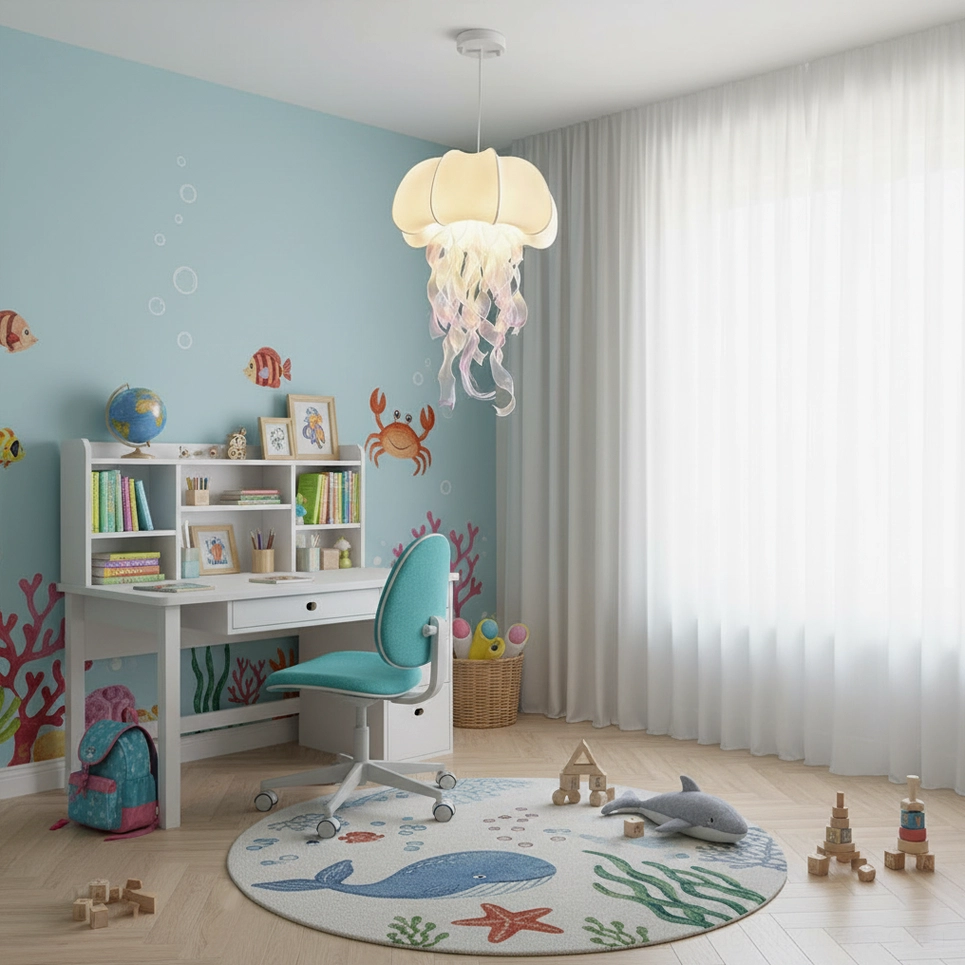 Jellyfish pendant lamp illuminating ocean-themed children's playroom with marine wall decals