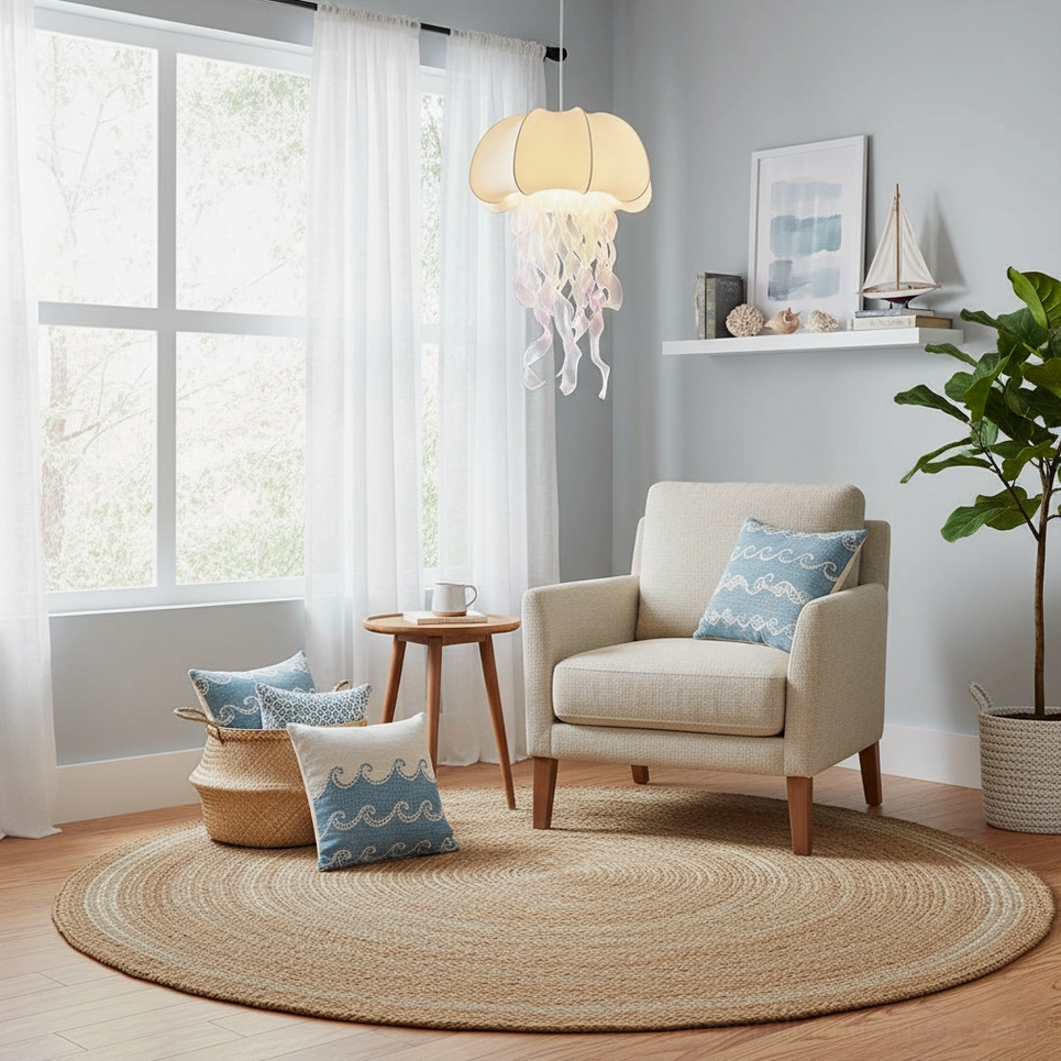 Jellyfish fabric pendant light in relaxation nook with coastal minimalist decor, woven rug and blue throw pillows