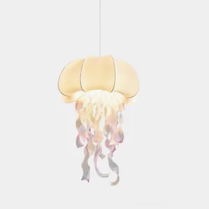 Jellyfish fabric pendant light with creamy white dome and pink-purple gradient tentacle tassels, front studio view